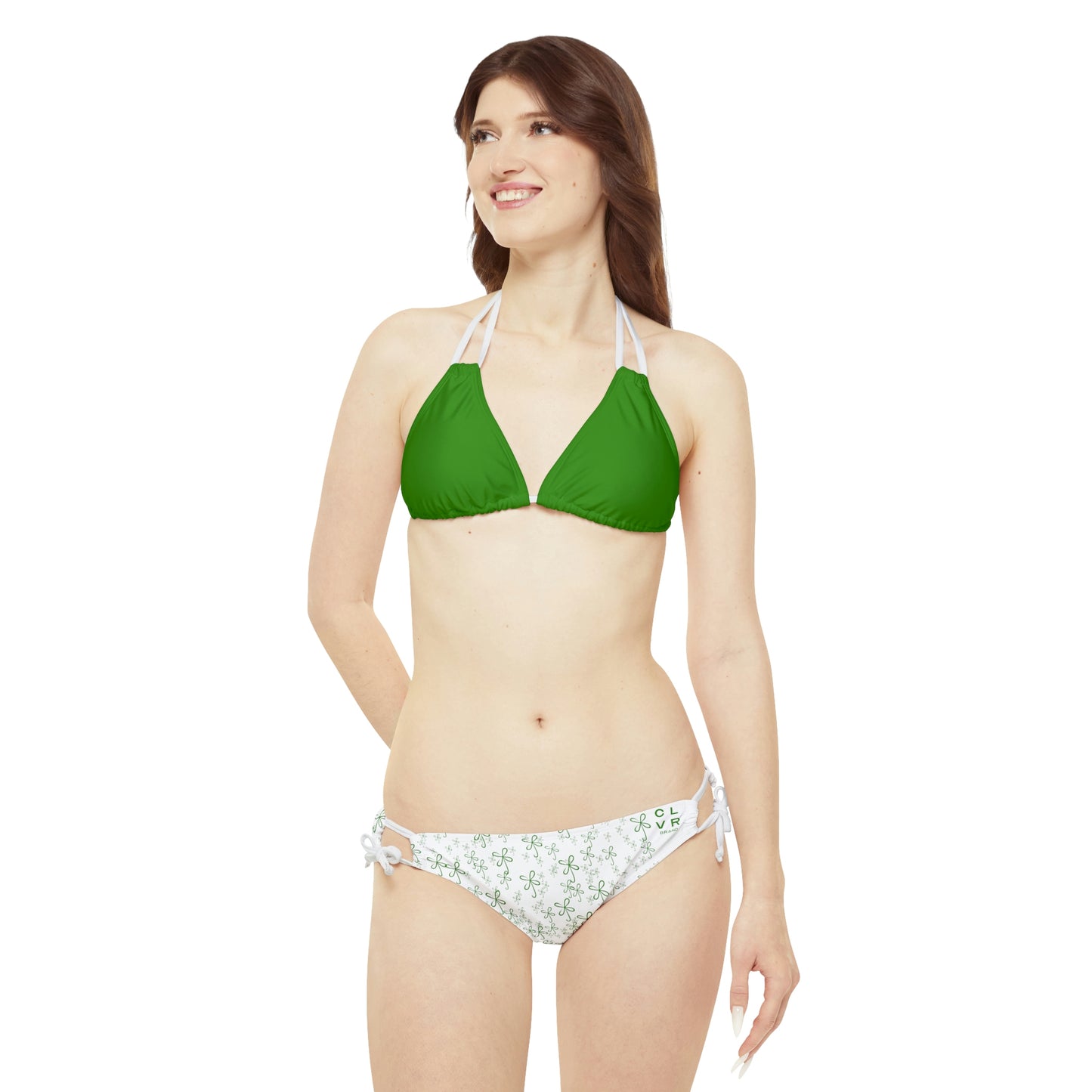 CLVR Strappy Bikini Set - Green Top, White Bottom with Field of Green