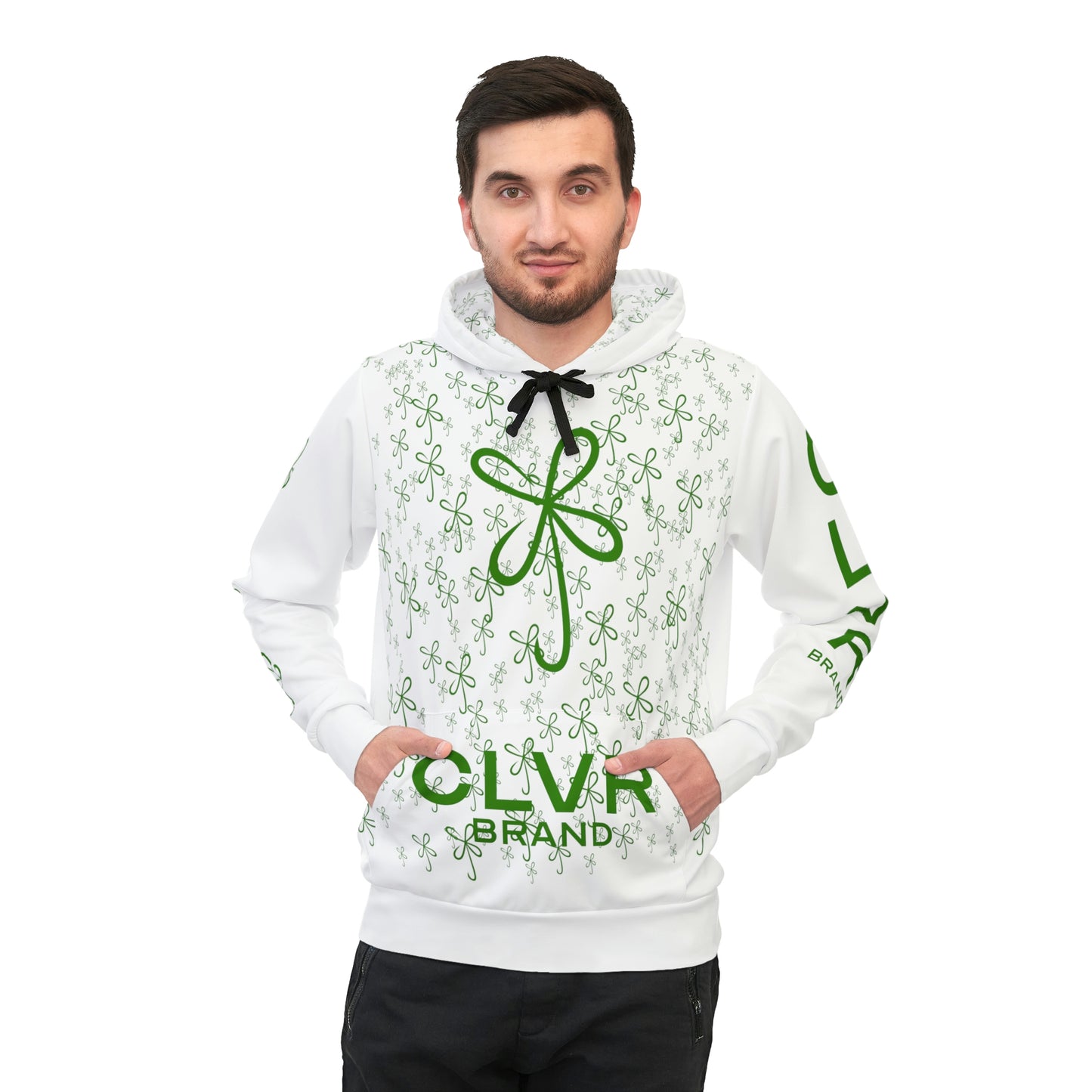 CLVR White + Green Pull-Over Athletic Hoodie