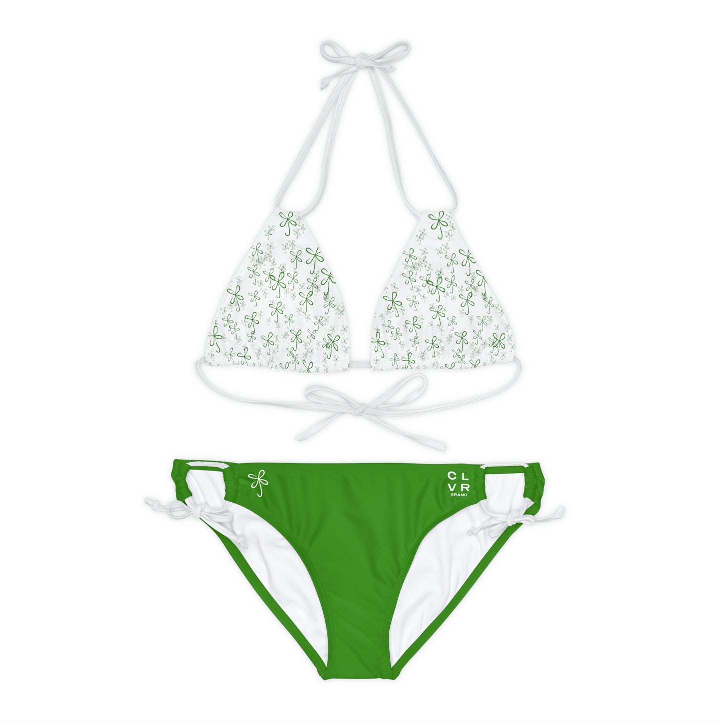 CLVR Strappy Bikini Set - White Top with Field of Logo, Green Bottom