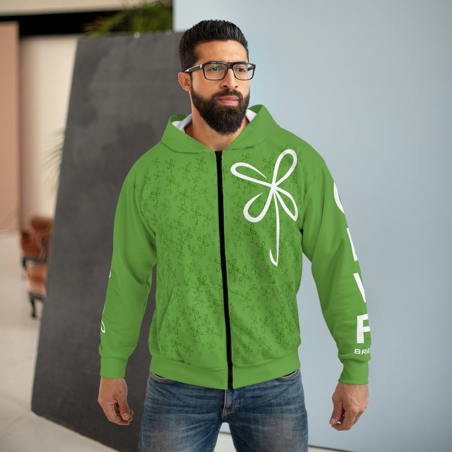 CLVR Oversized Logo White on Green Unisex Zip Hoodie