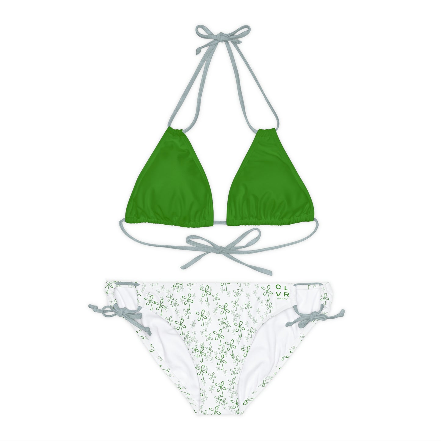 CLVR Strappy Bikini Set - Green Top, White Bottom with Field of Green