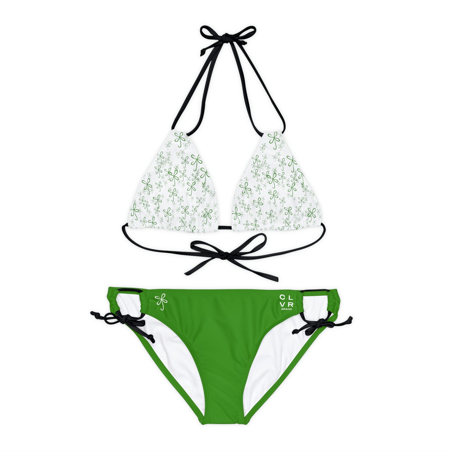 CLVR Strappy Bikini Set - White Top with Field of Logo, Green Bottom