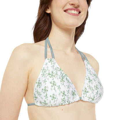 CLVR Strappy Bikini Set - White Top with Field of Logo, Green Bottom