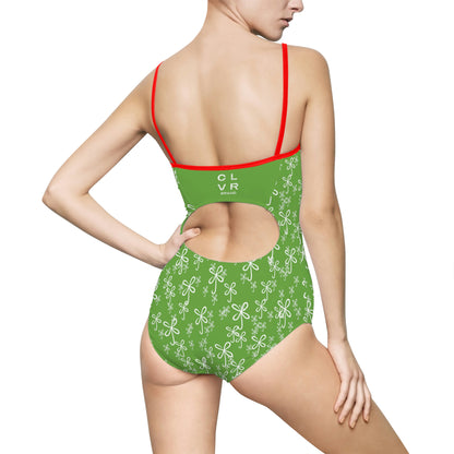 CLVR Women's One-piece Spaghetti Strap Swimsuit in Green with Field of White