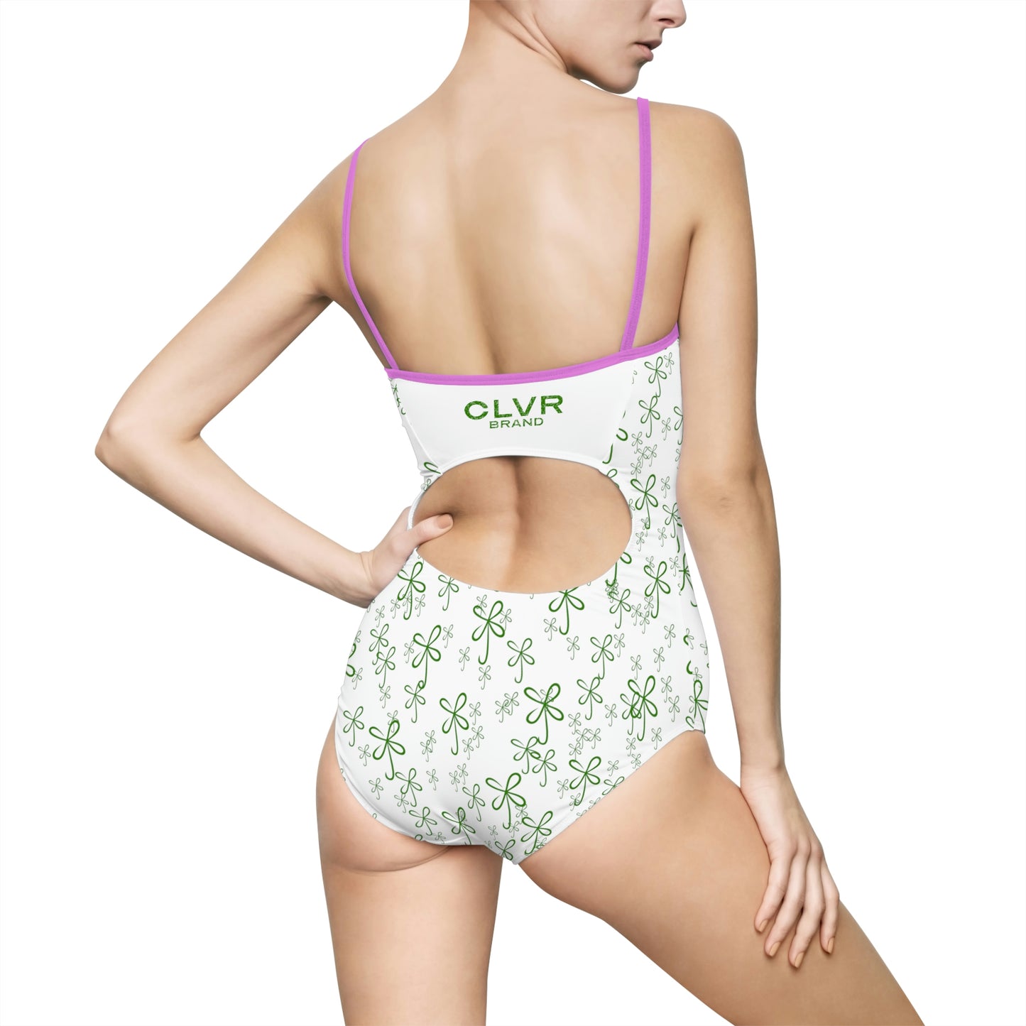 CLVR Women's One-piece Spaghetti Strap Swimsuit in White with Field of Green