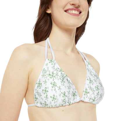 CLVR Strappy Bikini Set - White Top with Field of Logo, Green Bottom