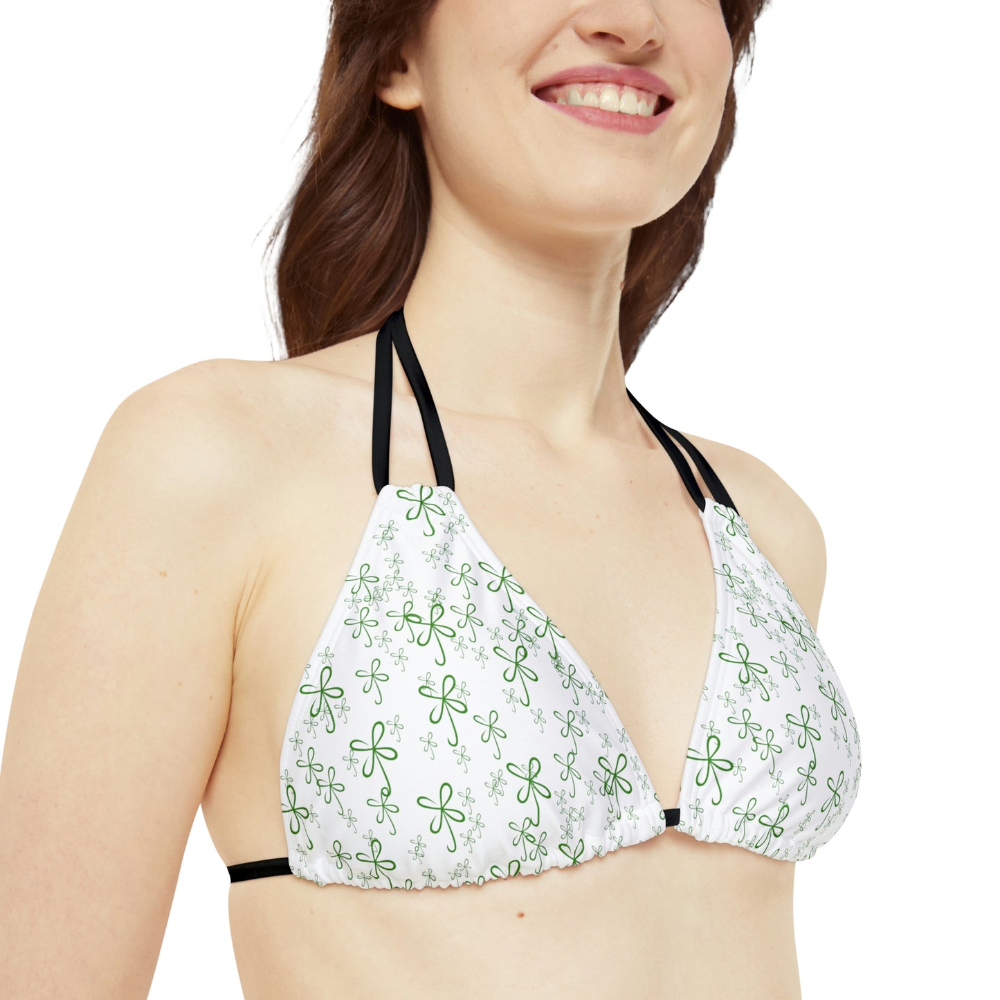 CLVR Strappy Bikini Set - White Top with Field of Logo, Green Bottom