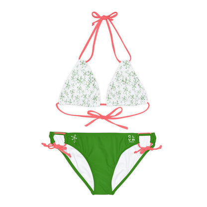 CLVR Strappy Bikini Set - White Top with Field of Logo, Green Bottom